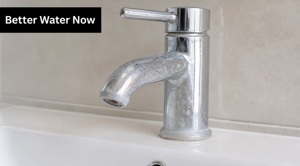 A chrome bathroom faucet showing visible white mineral deposits caused by hard water in the home.
