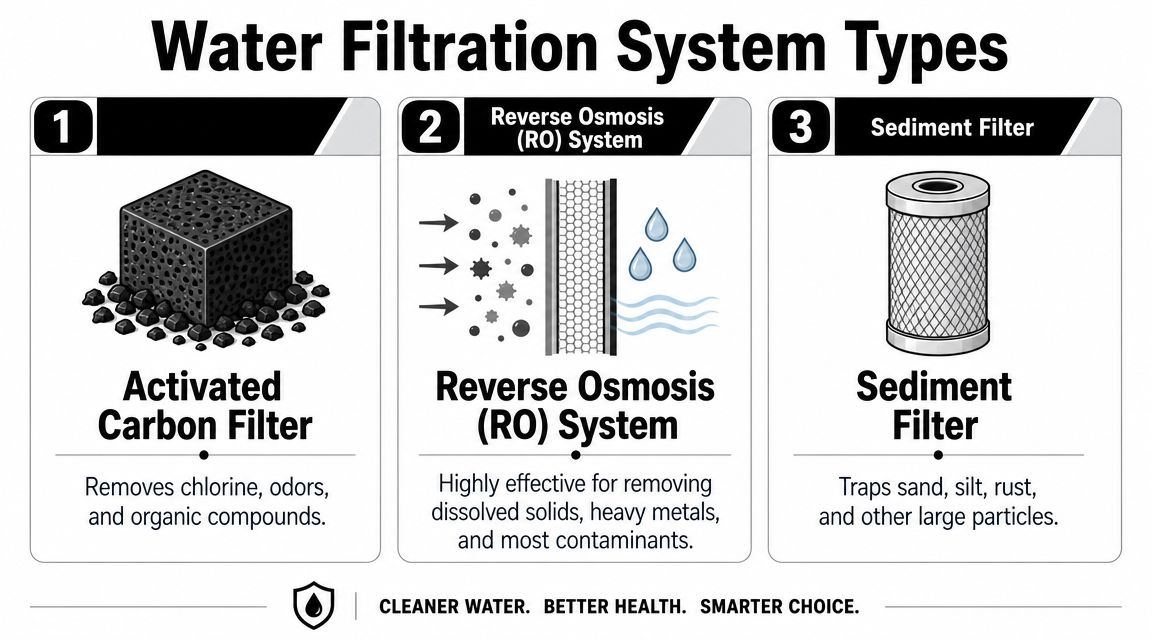 An infographic showing three main types of water filtration systems including activated carbon, reverse osmosis, and sediment.