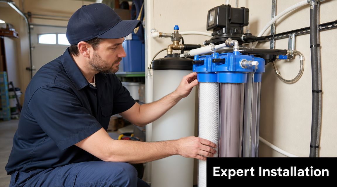 A professional technician carefully installing or servicing a multi-stage water filtration system in a home garage.