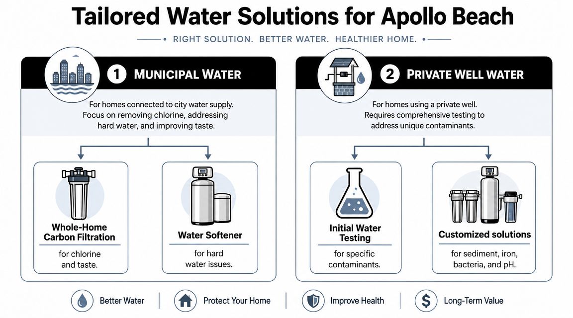 A diagram comparing water filtration solutions for municipal city water and private well water in Apollo Beach.
