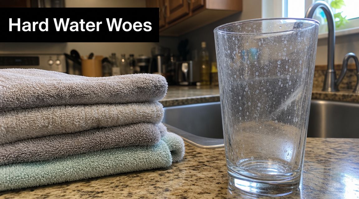 A glass with hard water stains and a stack of clean towels sitting on a kitchen counter.