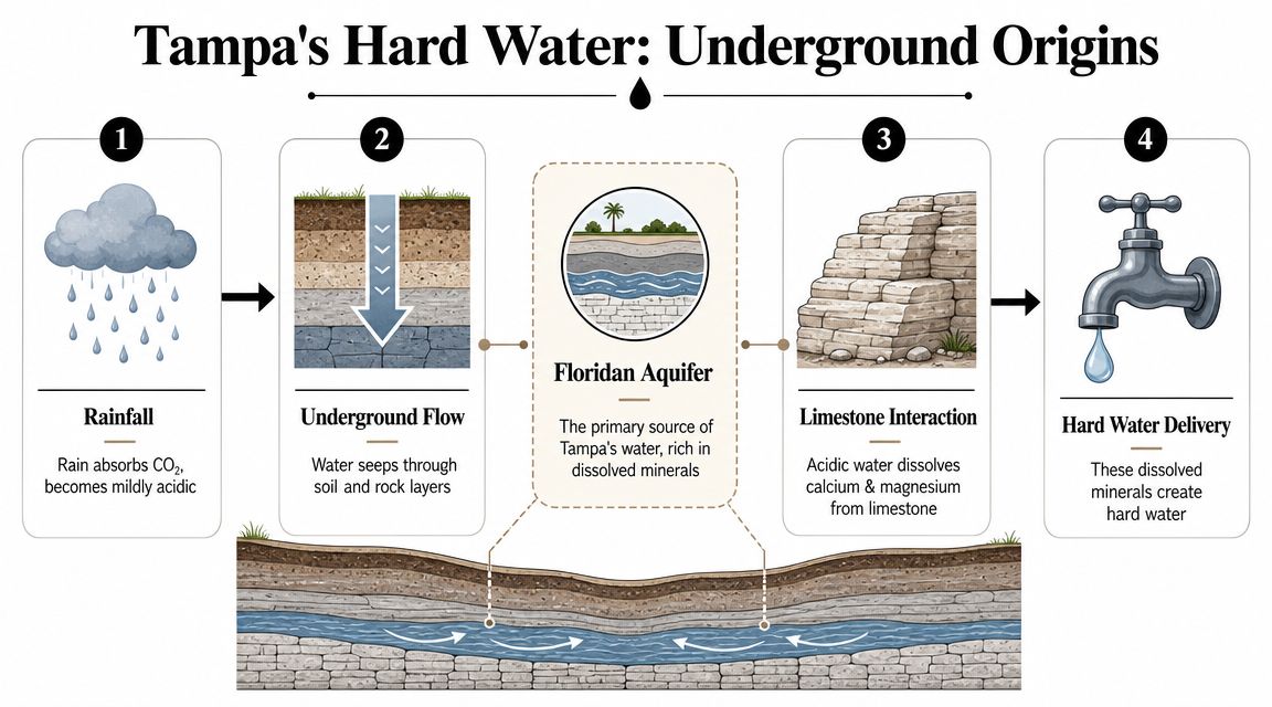 A diagram illustrating the four-step natural process that creates Tampa's mineral-rich hard water from the Floridan Aquifer.