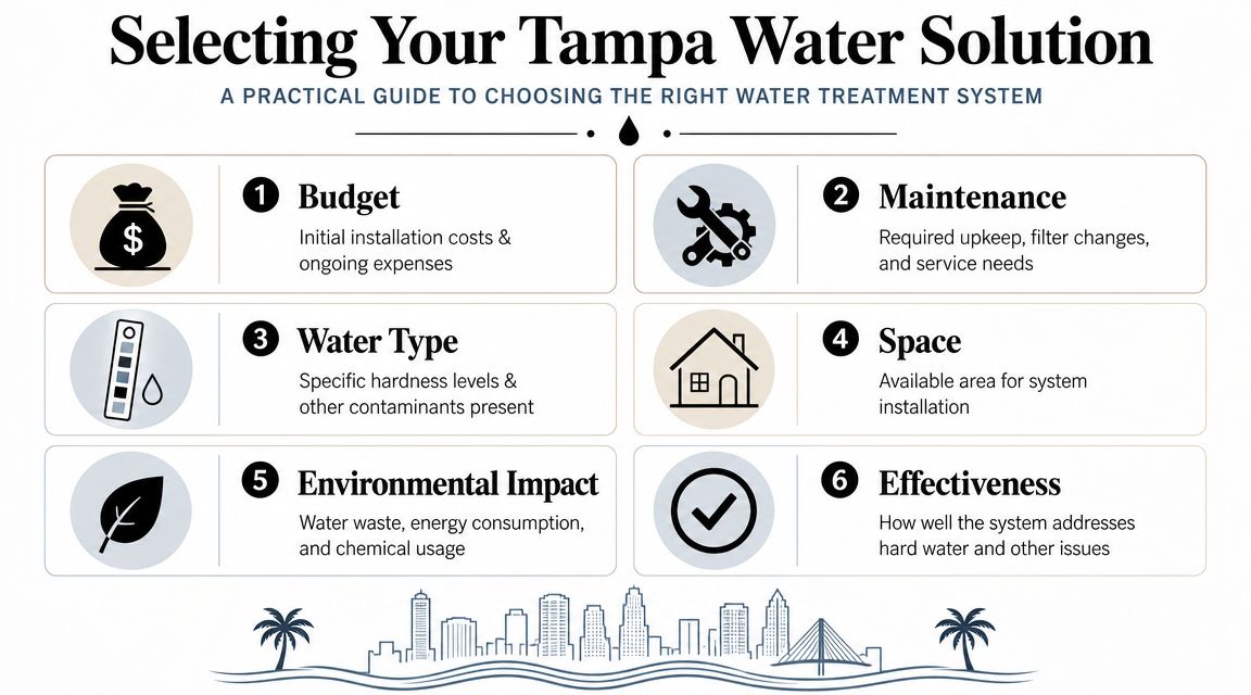 An infographic titled Selecting Your Tampa Water Solution listing six key factors for choosing water treatment systems.