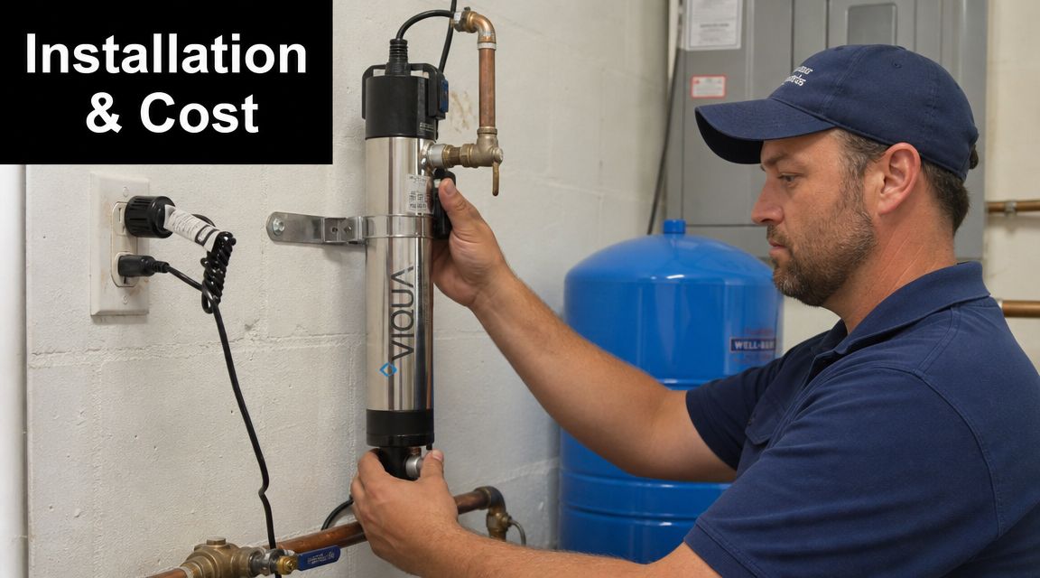A professional technician installing a Viqua UV water sterilization system on a wall in a home basement.