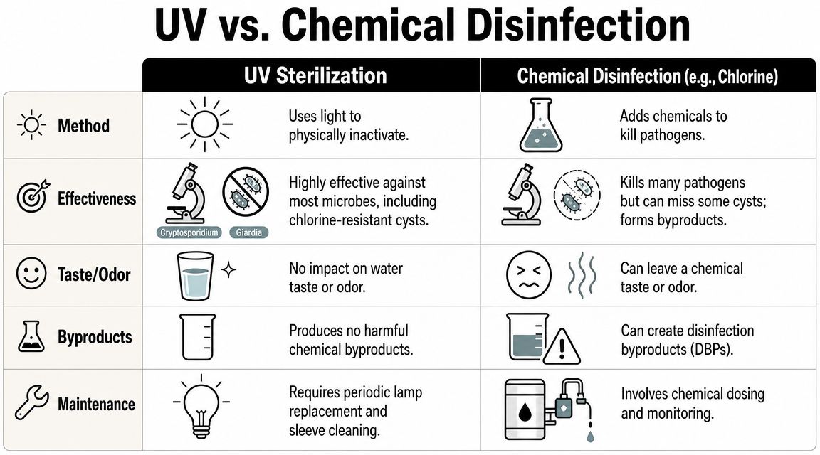 A comparison chart outlining the differences between UV sterilization and chemical disinfection methods for water treatment.