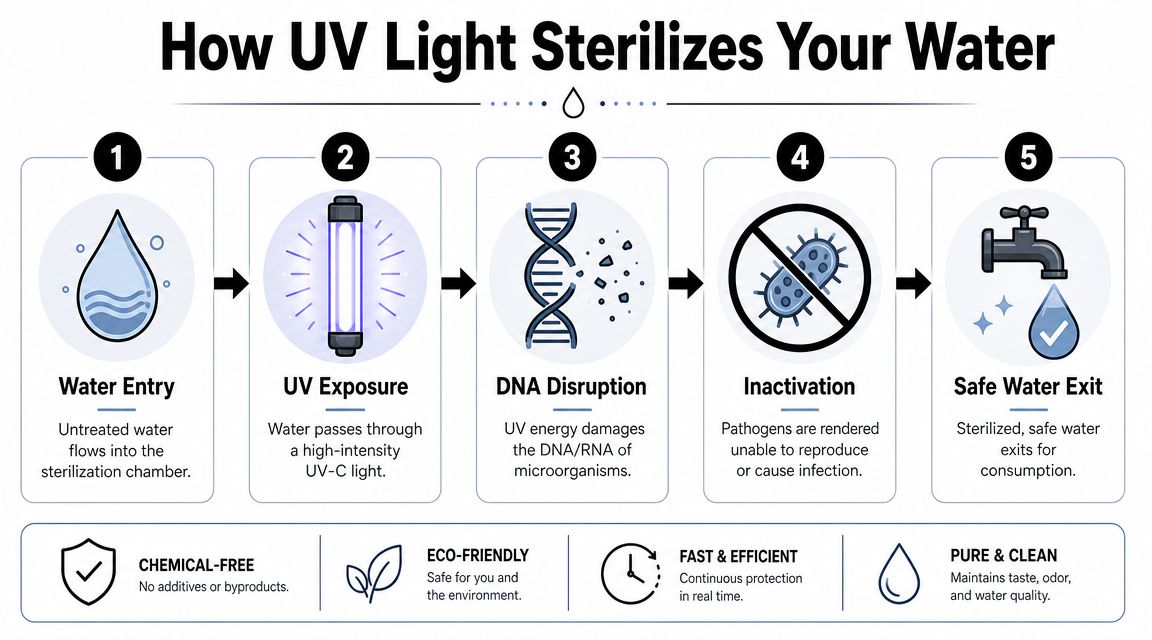 A diagram illustrating the five-step process of how UV-C light sterilizes water by disrupting microorganism DNA.