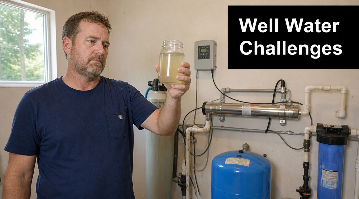 A man examines a glass of cloudy well water next to his home water filtration and sterilization system.