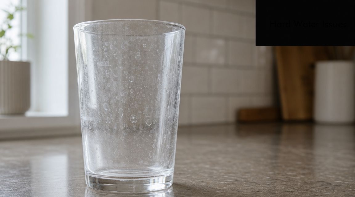 A clear drinking glass covered in cloudy white water spots caused by hard water in a kitchen.