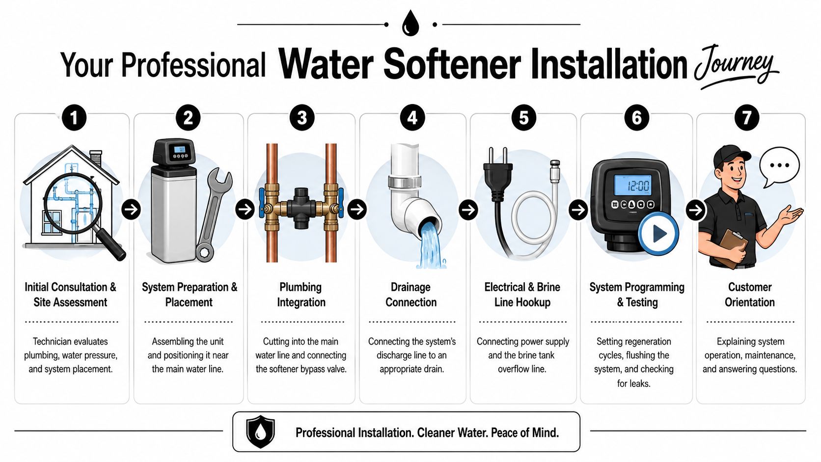 An infographic showing the seven steps of a professional home water softener installation process by a technician.