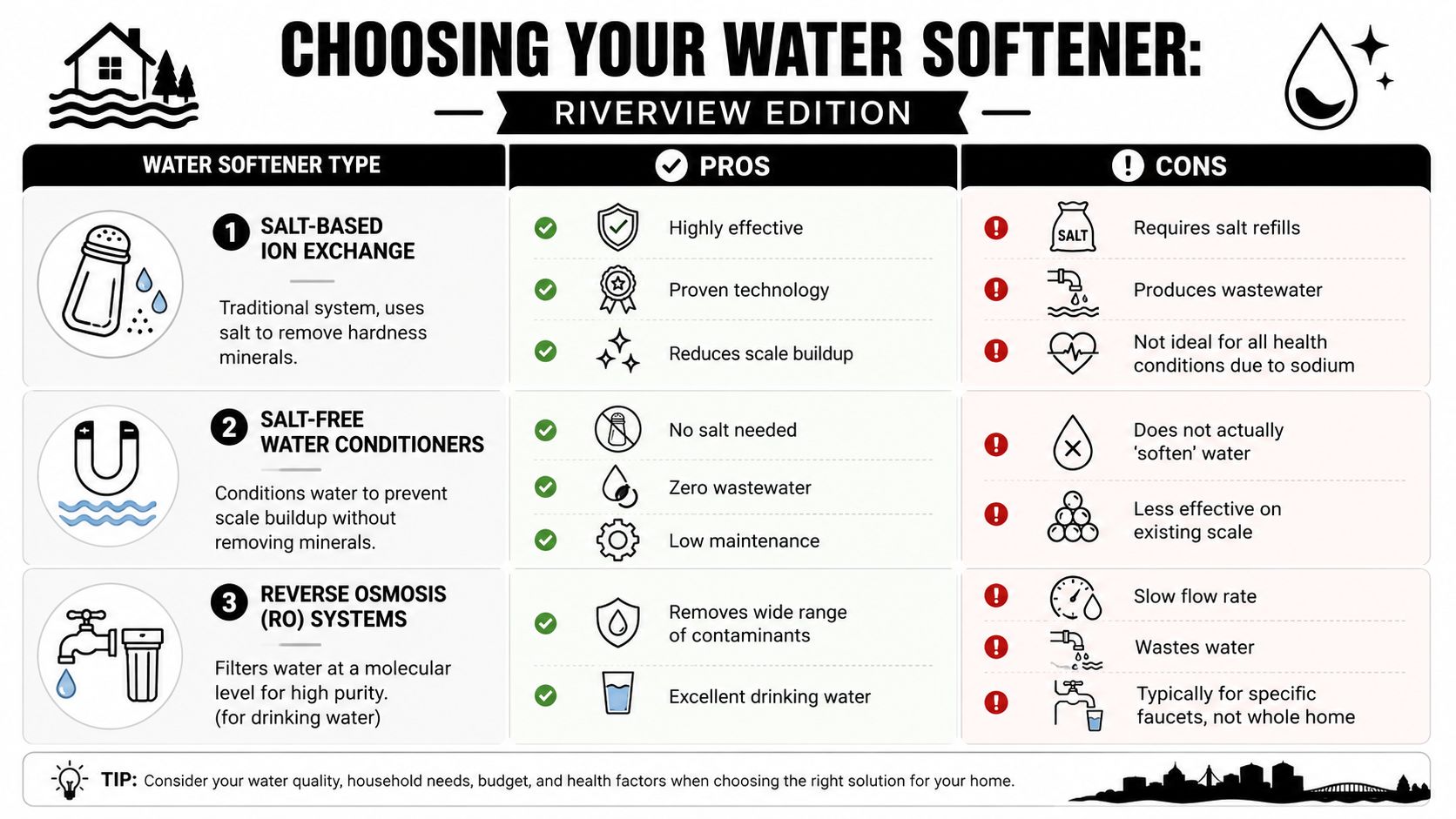 A comparison chart outlining the pros and cons of salt-based, salt-free, and reverse osmosis water softening systems.