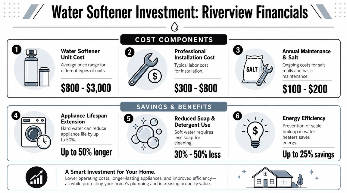 An infographic detailing the costs, savings, and benefits associated with investing in a residential water softener system.