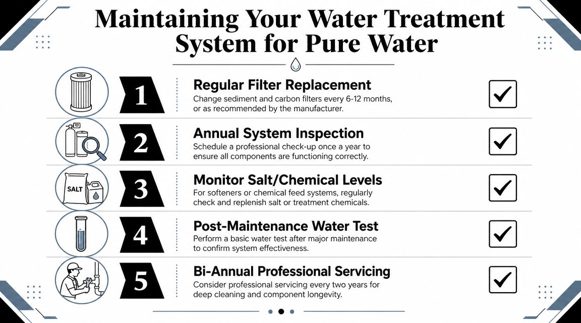 An infographic detailing five essential maintenance steps for ensuring clean and pure household water treatment systems.