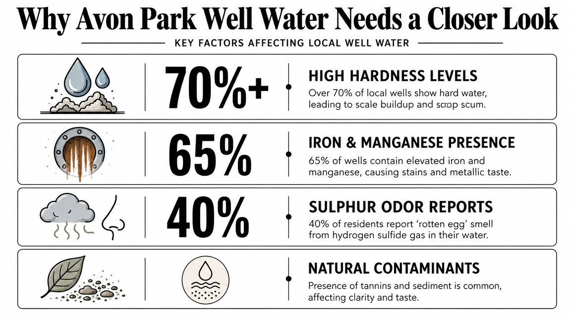 An infographic titled Why Avon Park Well Water Needs a Closer Look detailing common water issues.