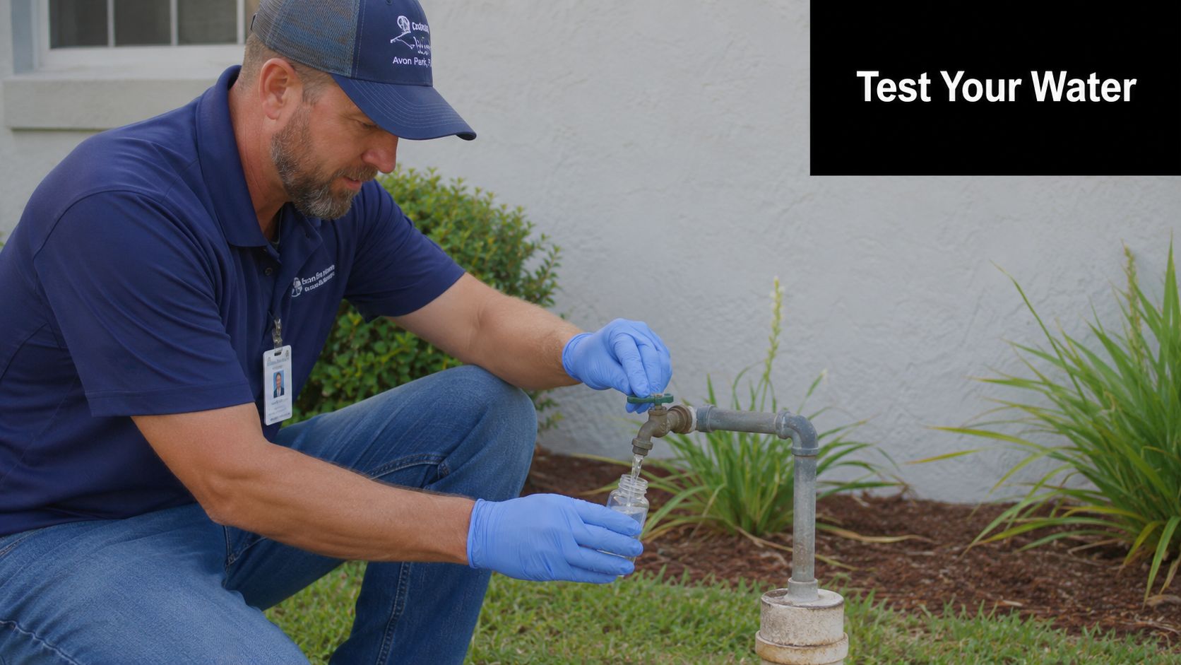 A professional water technician wearing blue gloves collects a sample from a faucet in Avon Park Florida.