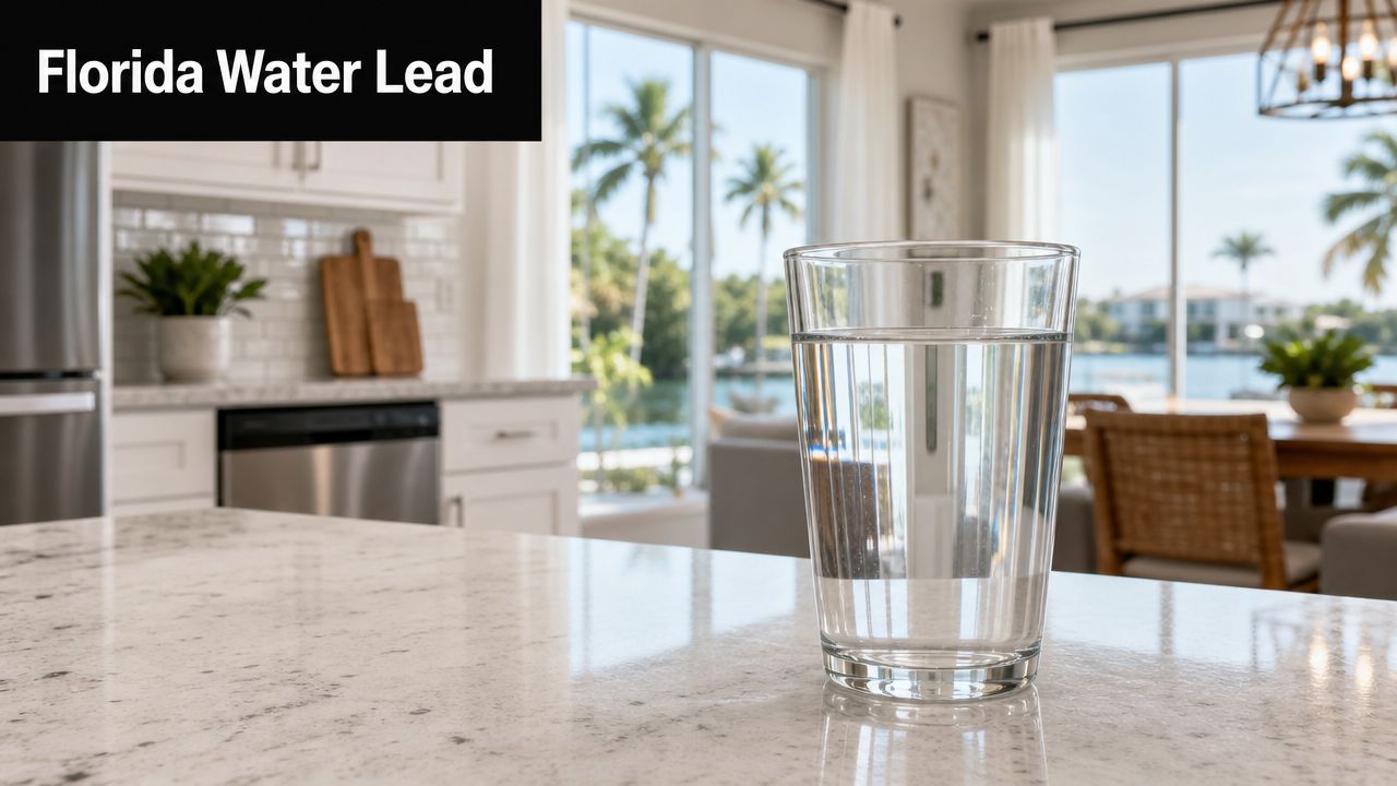 A glass of clear water sits on a granite kitchen countertop overlooking a scenic waterfront view.