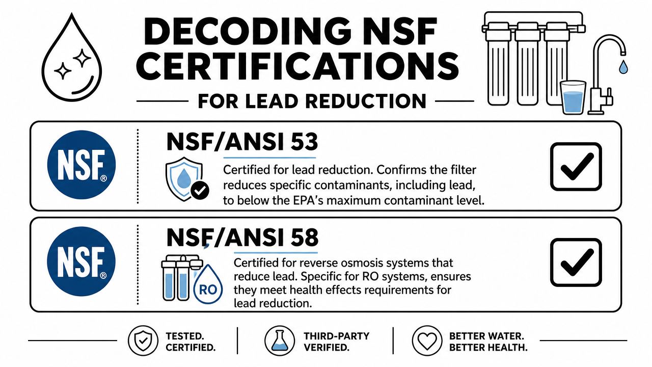 An infographic explaining NSF/ANSI 53 and 58 standards for certifying water filters to reduce lead levels.