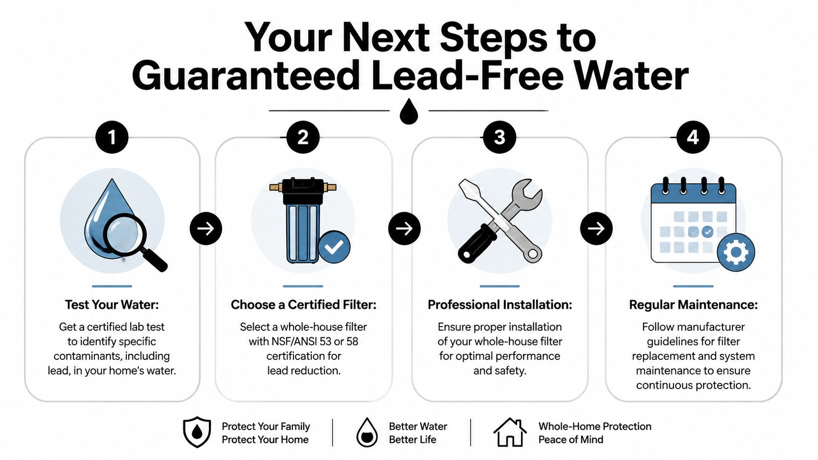 An infographic outlining four steps to ensure lead-free water using a whole-house water filter system.
