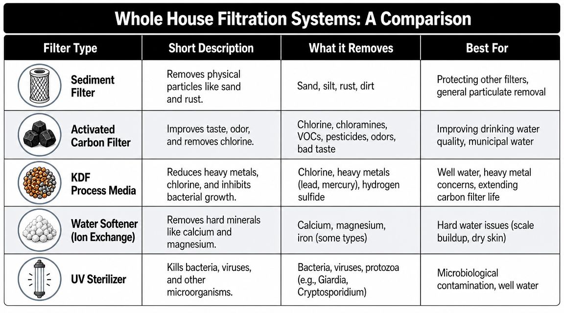 A comparison chart of different whole house water filtration systems showing types, descriptions, contaminants removed, and applications.
