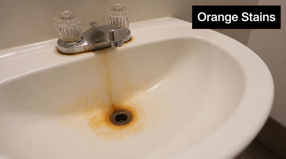 A bathroom sink basin stained with orange mineral deposits caused by hard water or iron plumbing issues.
