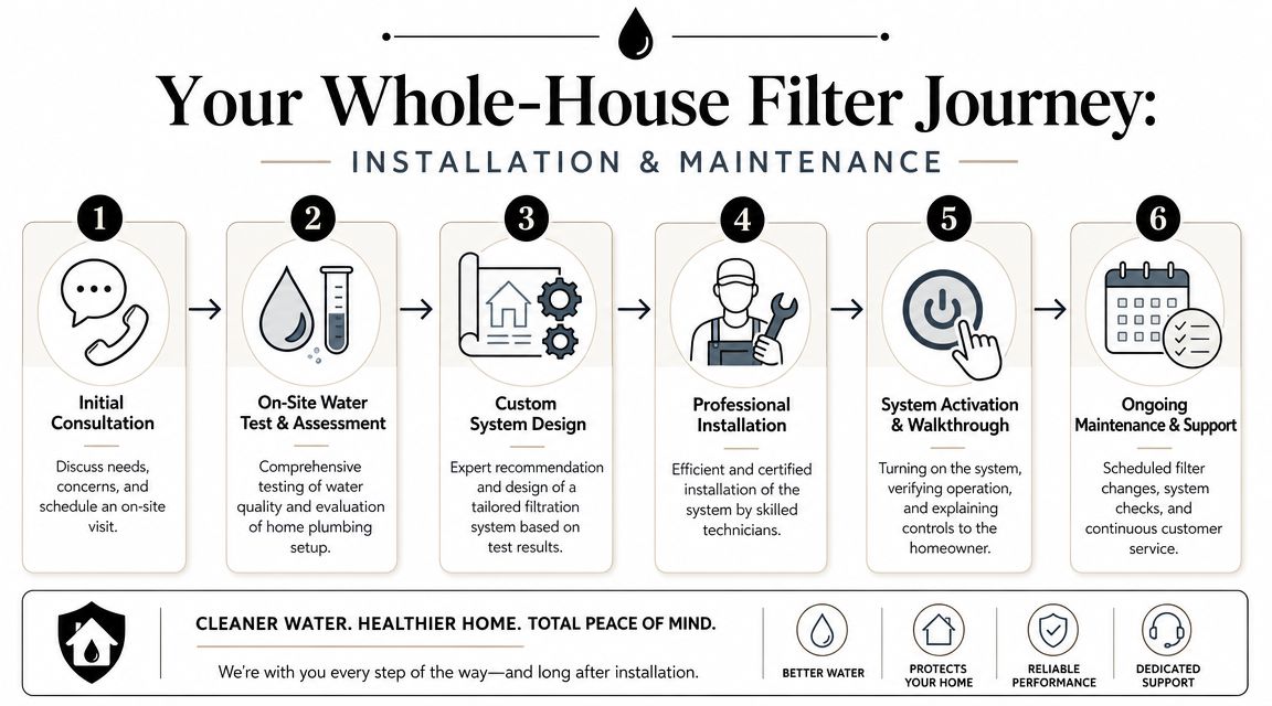 A six-step infographic detailing the process of installing and maintaining a whole-house water filtration system.