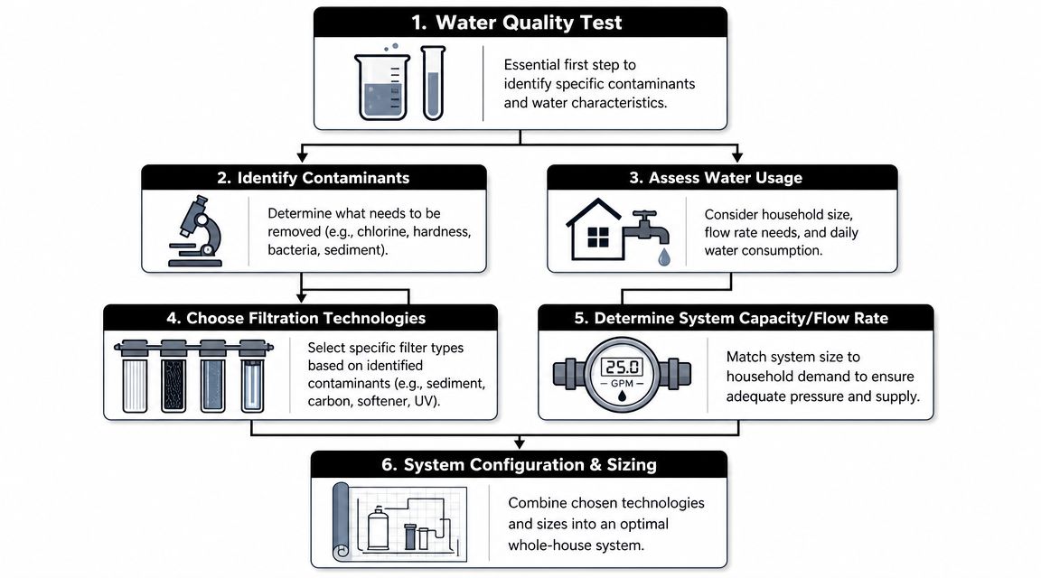 A flowchart demonstrating the six-step process for selecting and configuring a whole house water filtration system.
