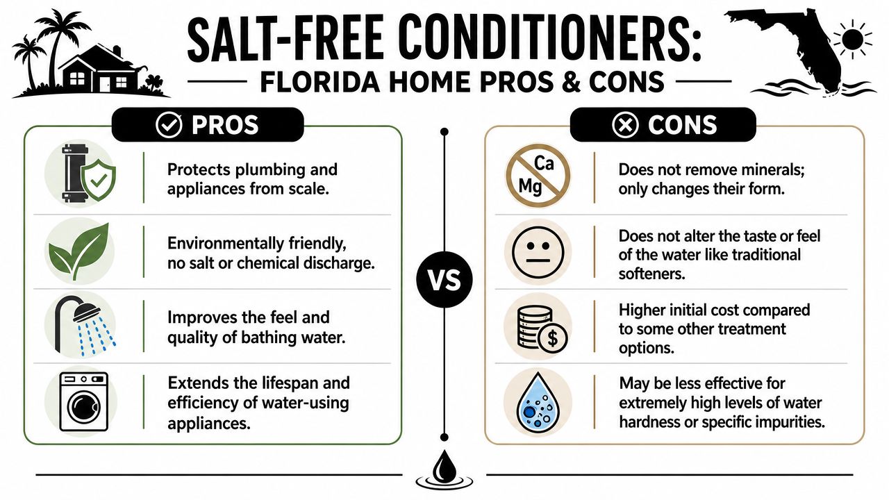 An infographic comparing the pros and cons of using salt-free water conditioners for Florida homes.