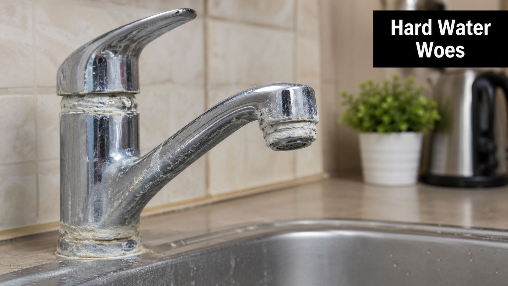 A chrome kitchen faucet covered in significant white limescale buildup due to hard water deposits.