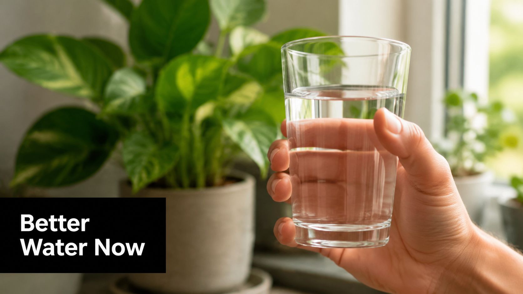 A hand holds a clear glass of water next to a vibrant green houseplant on a windowsill.