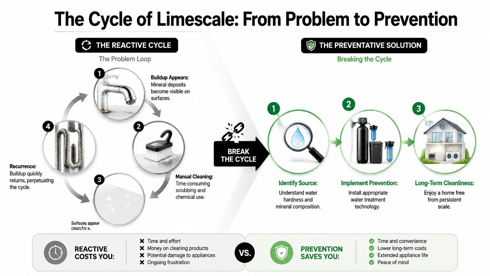 An infographic comparing the repetitive cycle of limescale buildup with a long-term preventative water treatment solution.