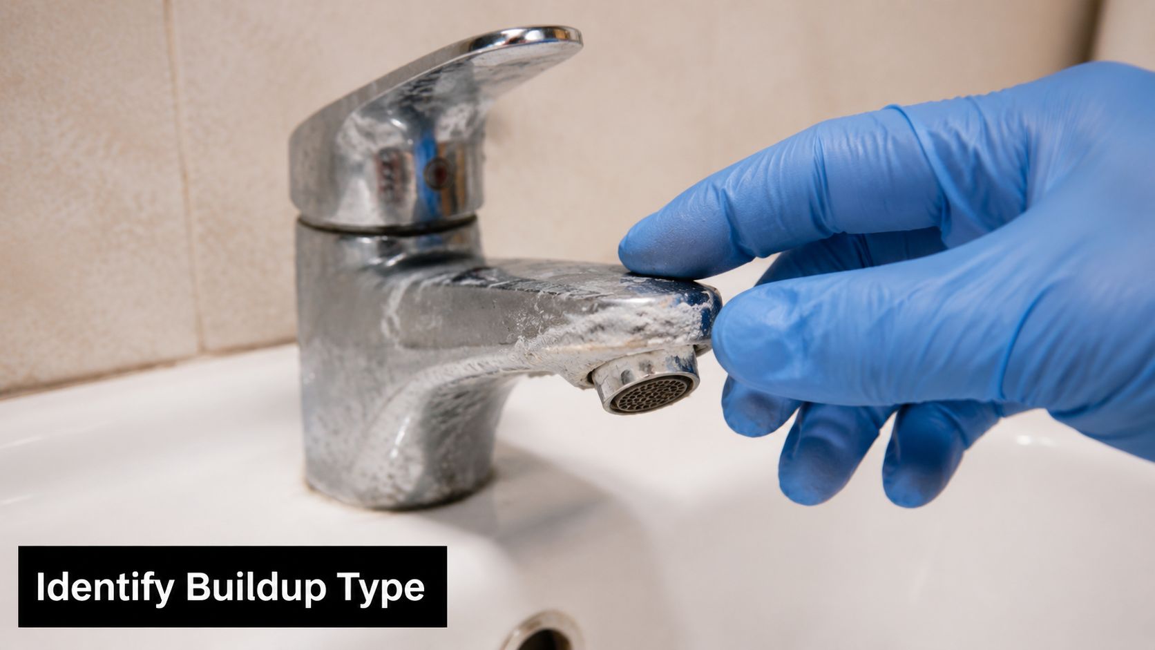 A gloved hand inspects significant white mineral deposits and calcium buildup on a bathroom sink faucet.