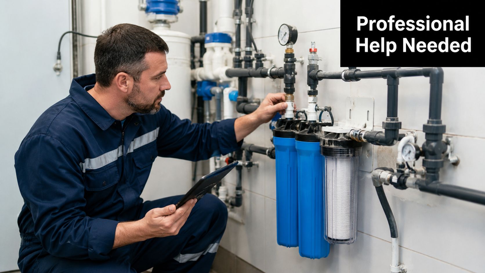A professional technician wearing a dark blue uniform inspects a water filtration system with a digital tablet.