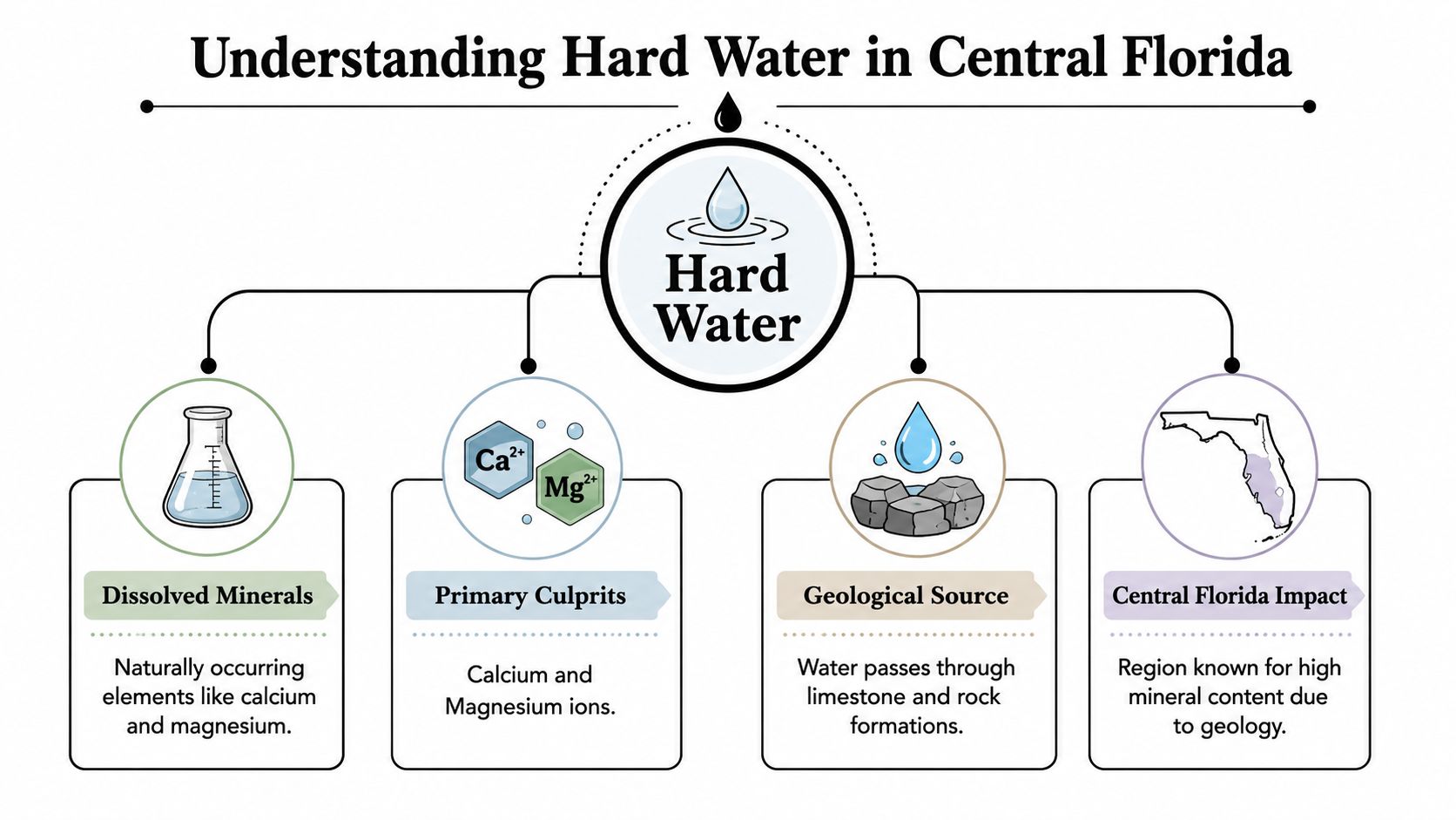 An infographic titled Understanding Hard Water in Central Florida explaining mineral causes and regional geological impacts.
