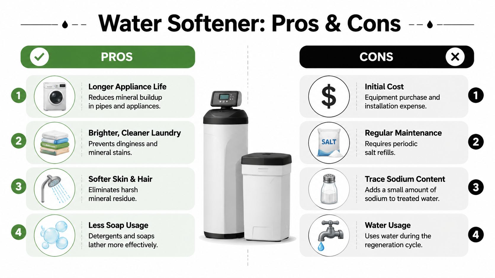 A comparison chart highlighting the pros and cons of using a home water softener system.