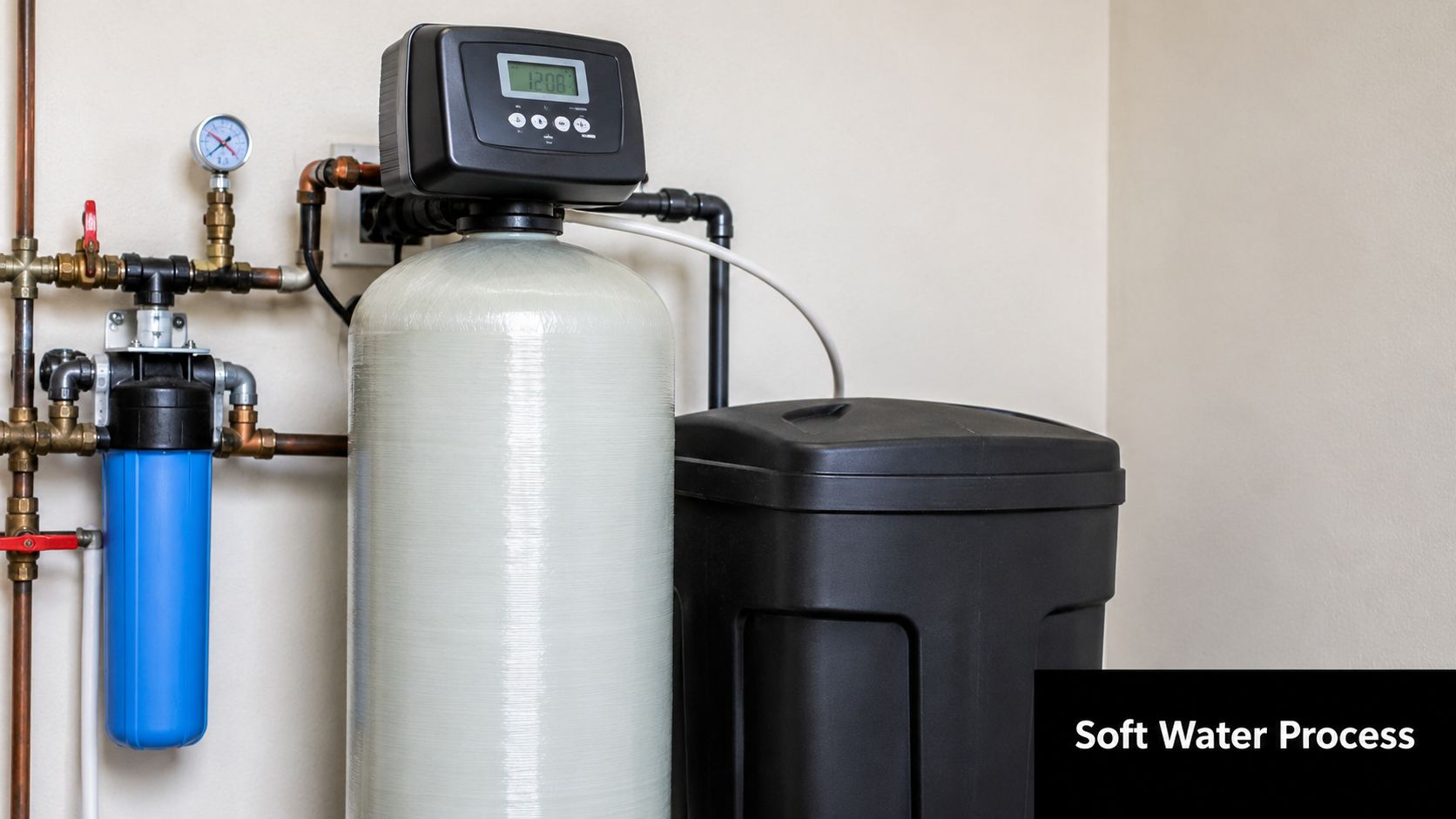 A modern water softener system installed on a residential wall with plumbing connections and a filter.
