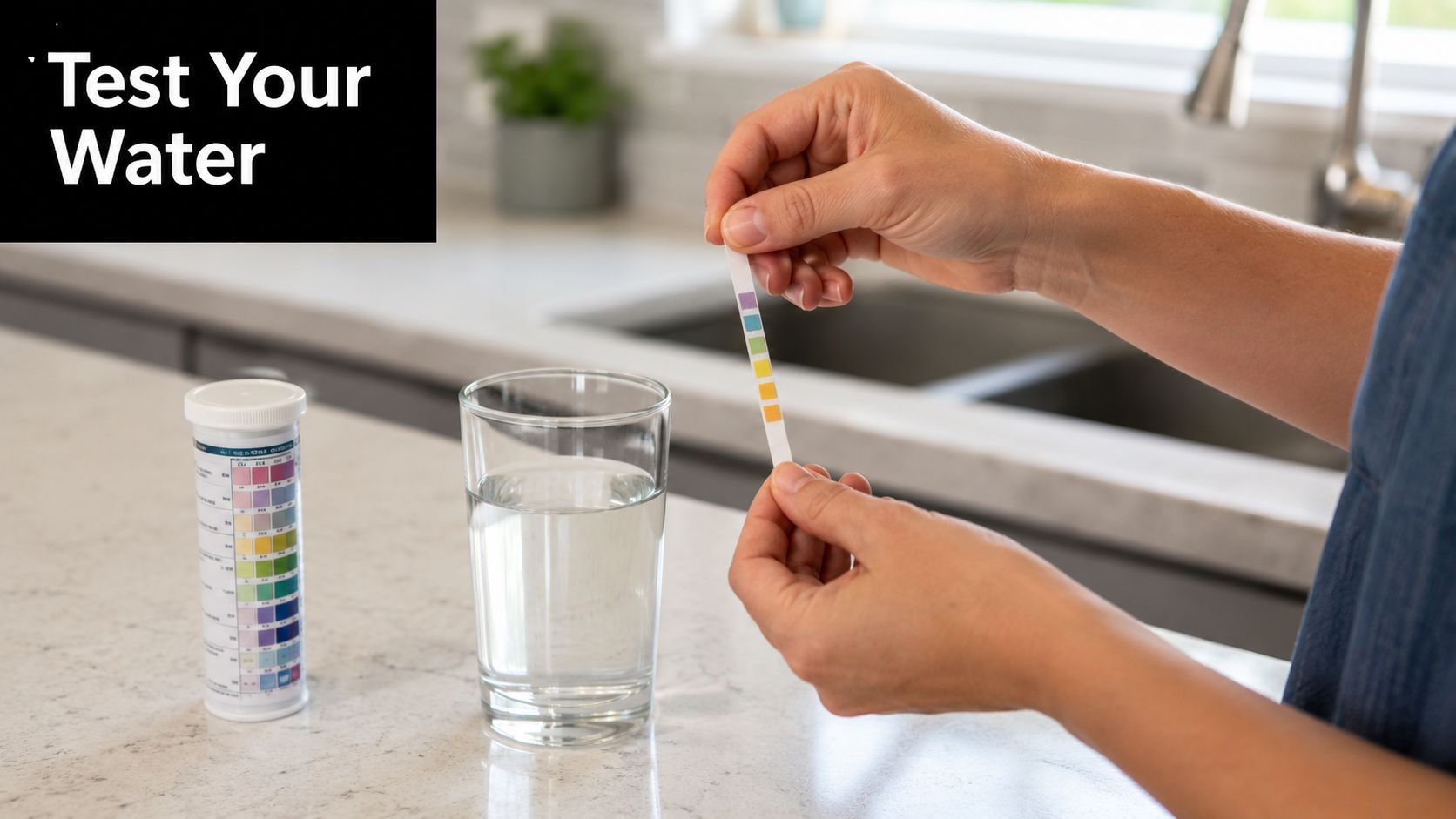 A person tests water quality with a multi-parameter test strip in a bright modern kitchen setting.