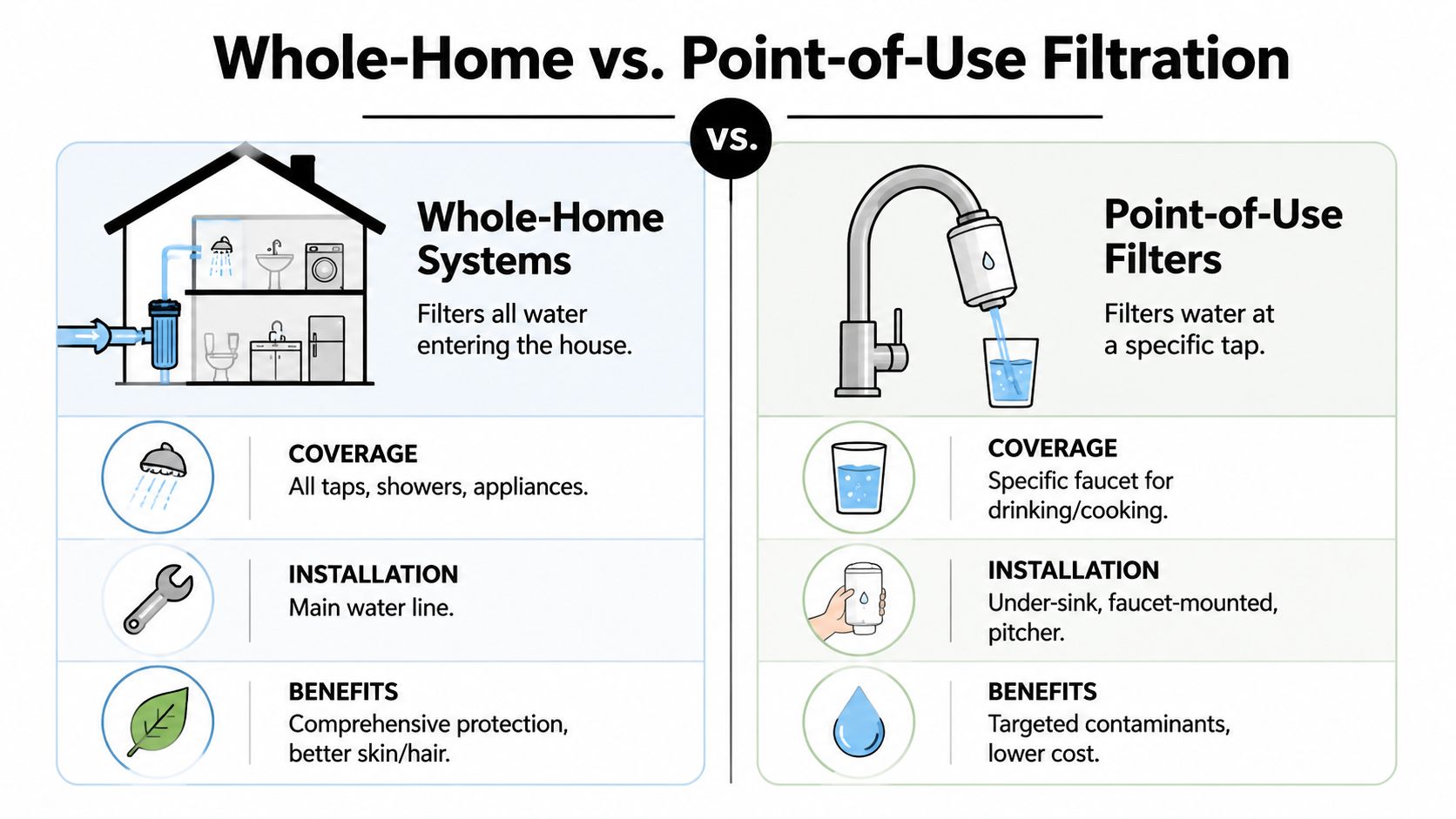A comparison infographic between whole-home water filtration systems and point-of-use water filters for household use.