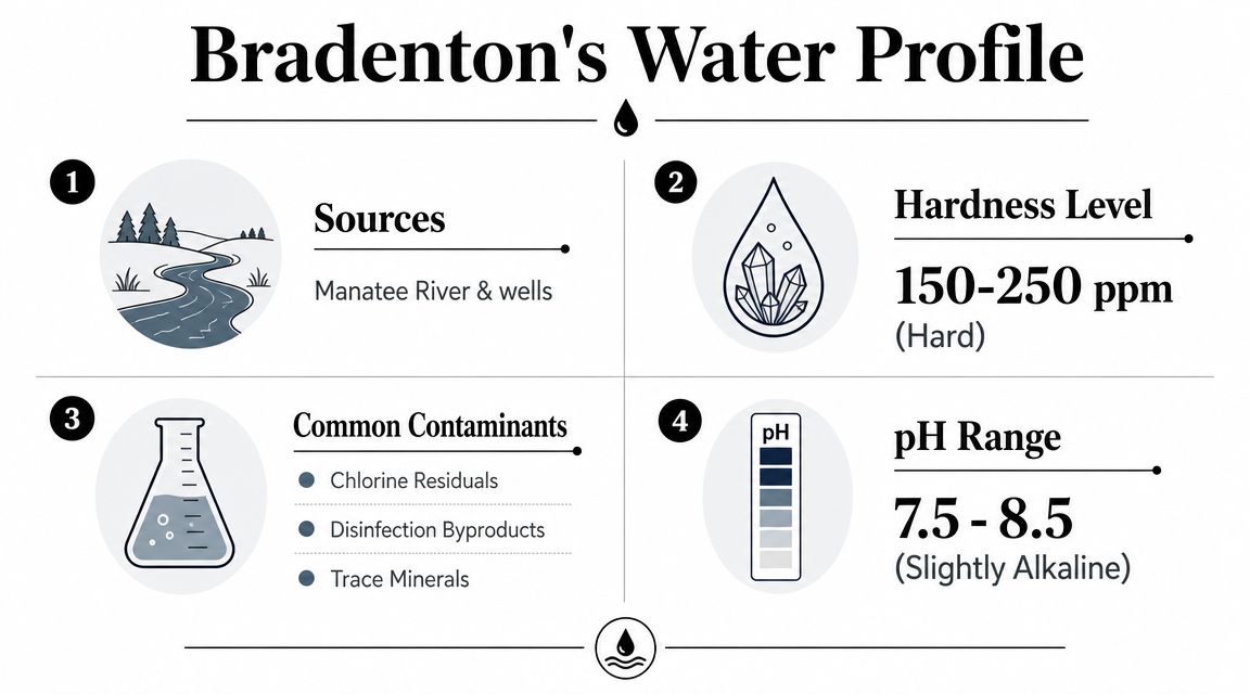 An infographic showing Bradenton's water profile including sources, hardness levels, common contaminants, and pH range details.