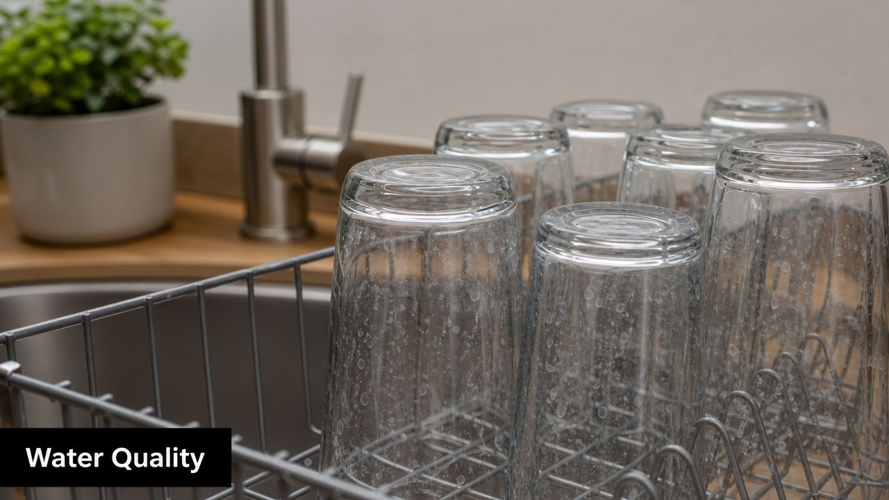A dish rack holding several drinking glasses with visible hard water stains near a kitchen sink faucet.