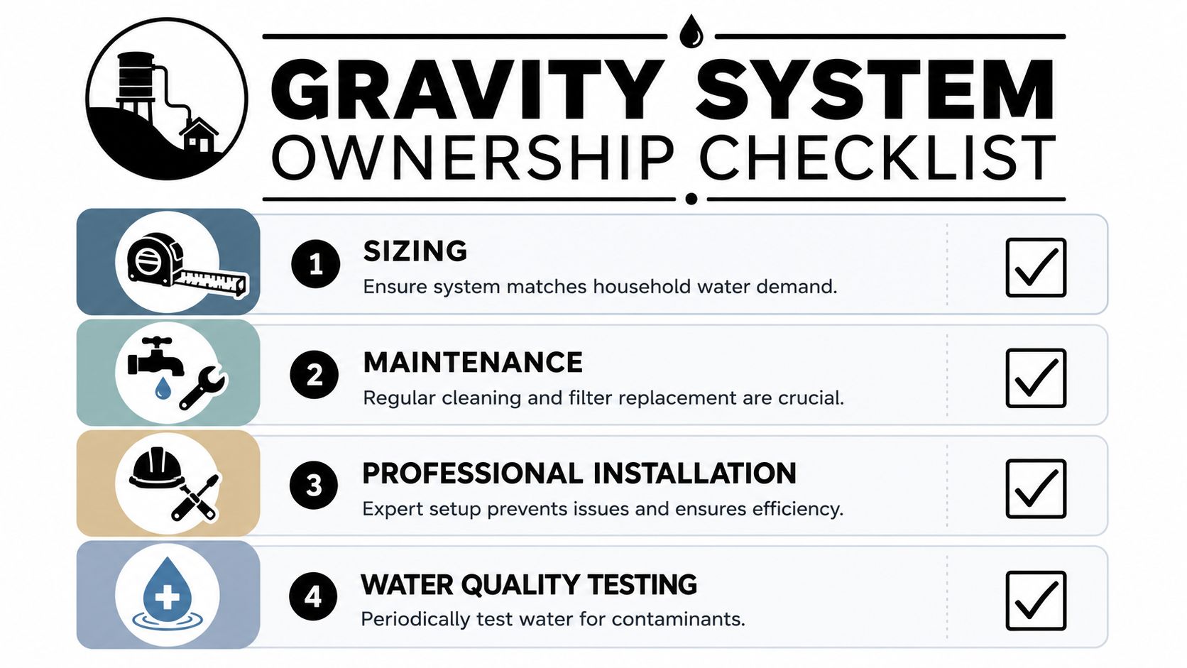 A gravity system ownership checklist infographic listing four essential steps for water management and system maintenance.