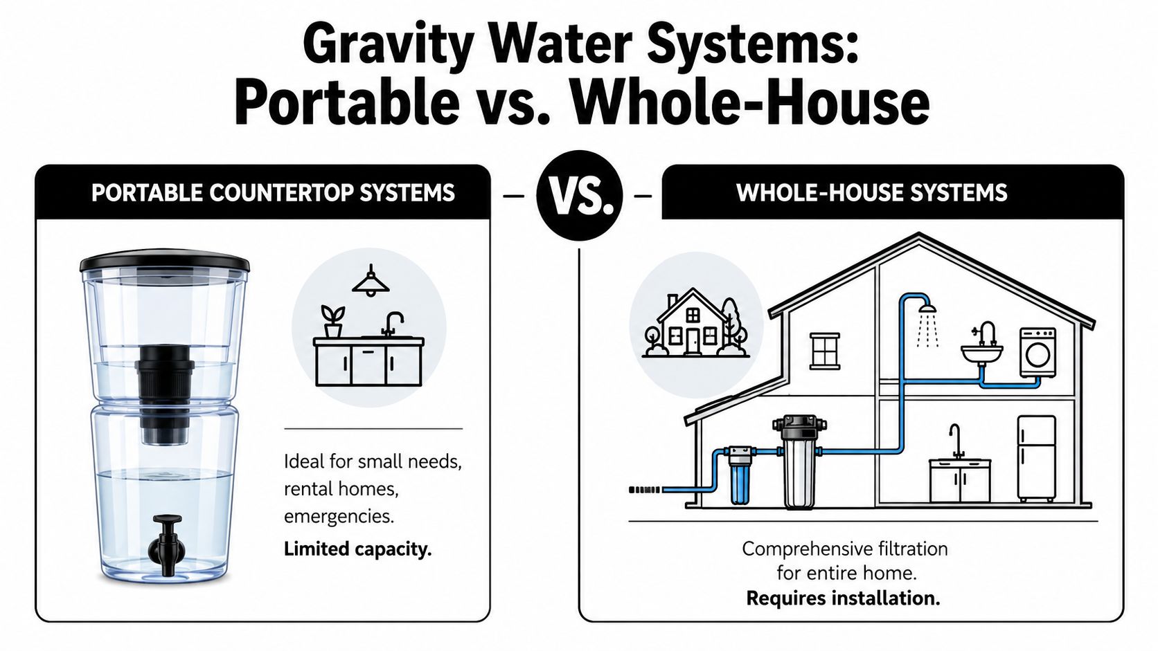 A comparison infographic between portable countertop gravity water systems and whole-house water filtration systems.
