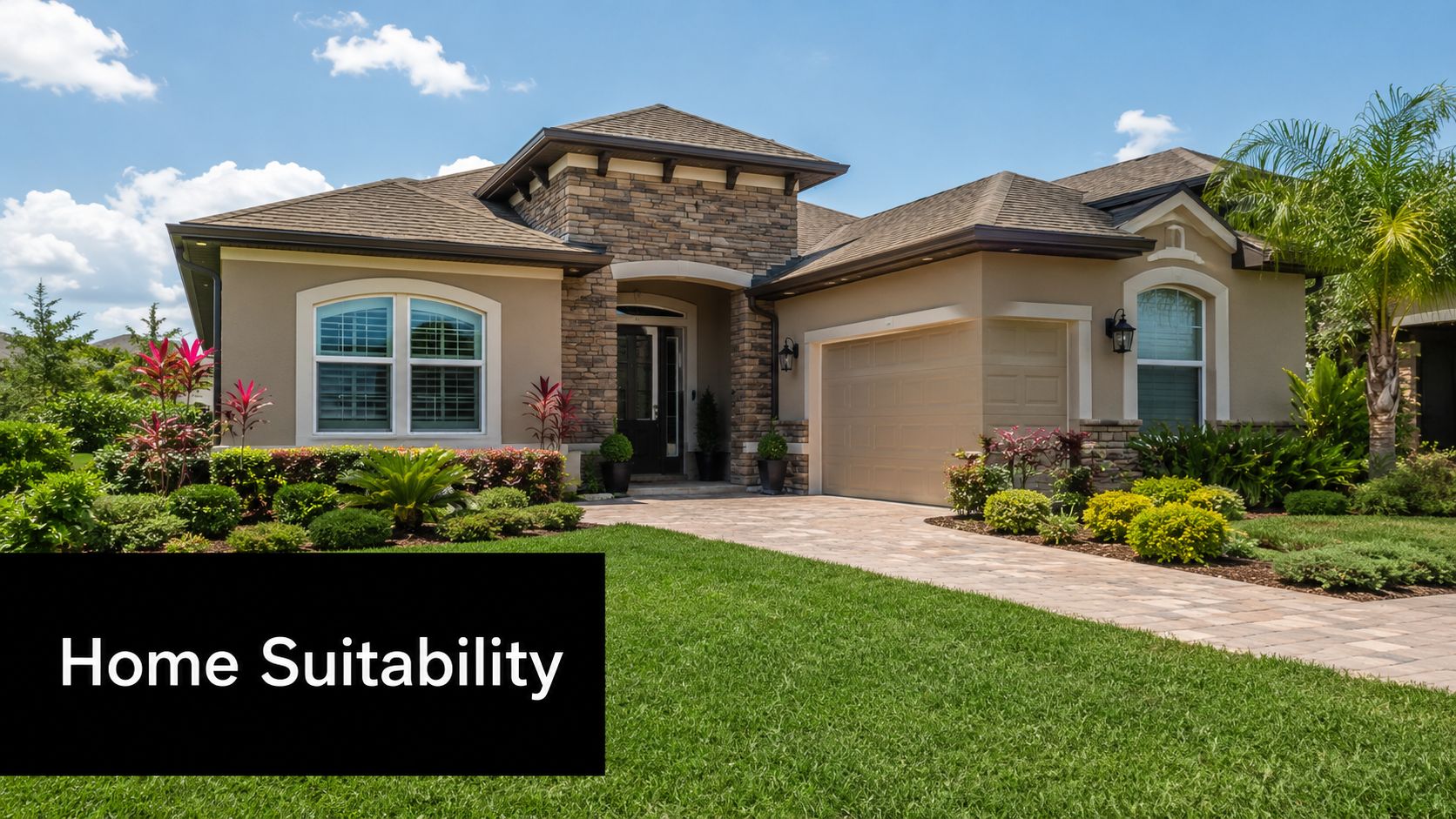 A beautiful suburban single-family house with a stone facade, landscaped garden, and a paved driveway.