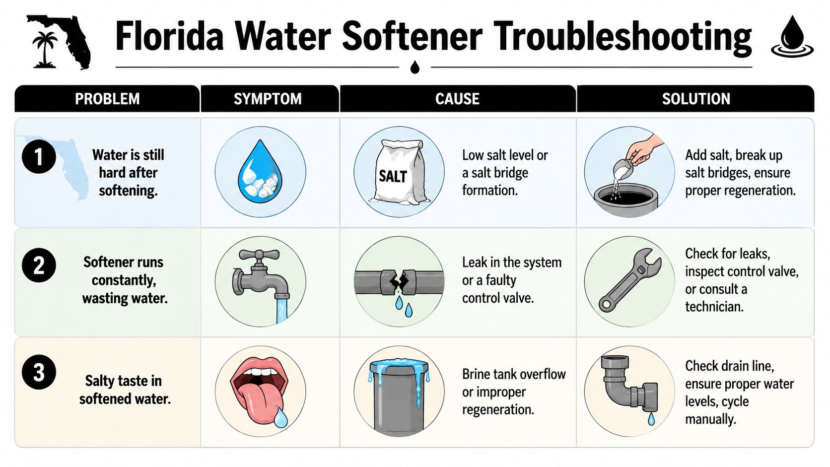 A troubleshooting guide table for Florida water softeners covering common problems, symptoms, causes, and recommended solutions.