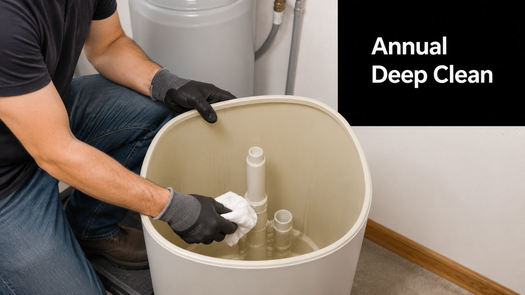 A person wearing work gloves wipes the interior of a water softener brine tank during maintenance.