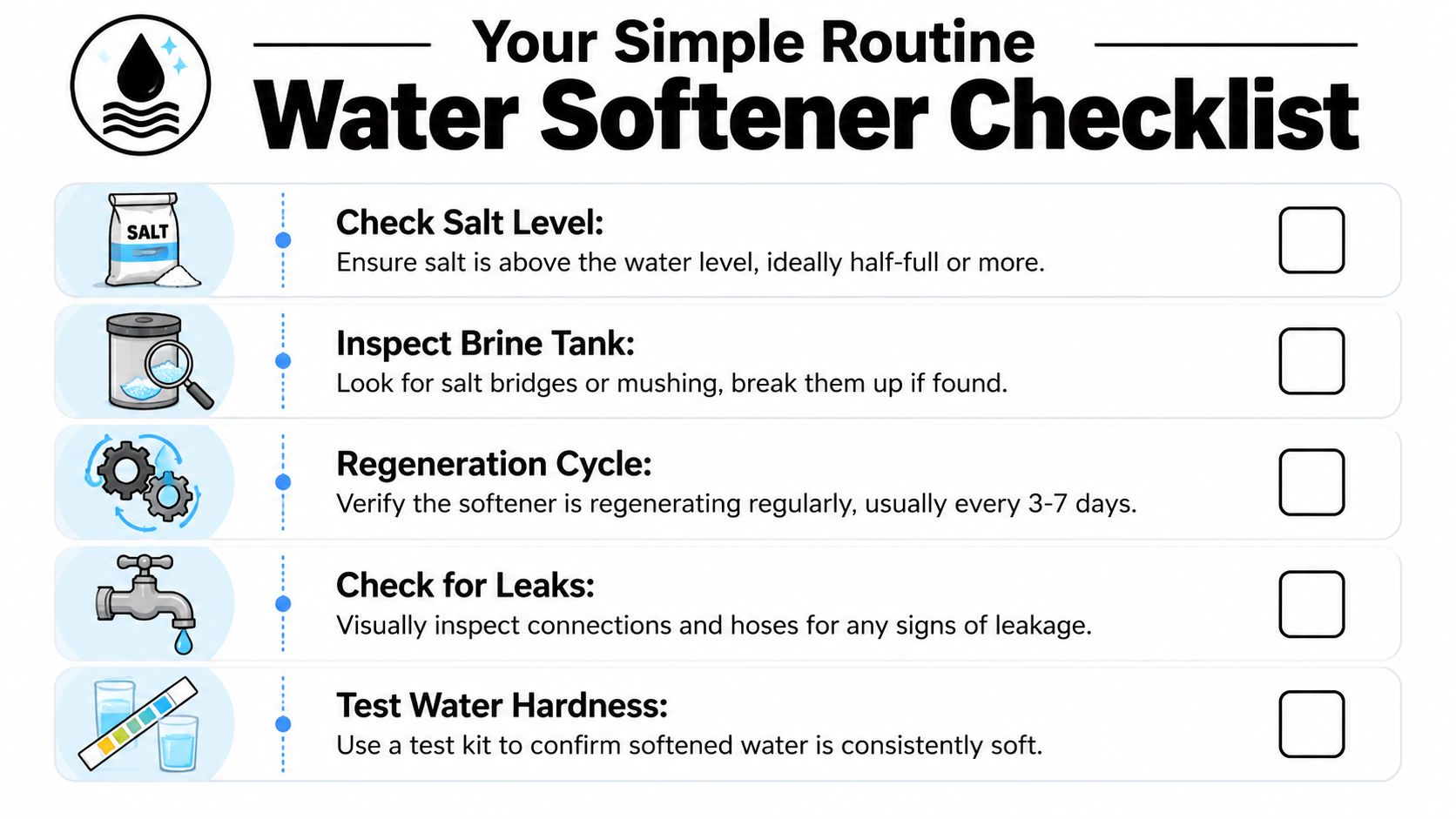 A checklist infographic titled Your Simple Routine Water Softener Checklist listing five essential maintenance tasks.