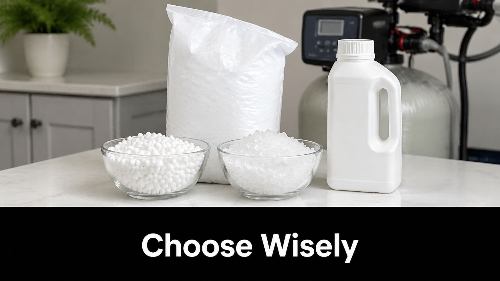 Various water softener maintenance supplies including salt pellets, crystals, and a plastic bottle on a counter.