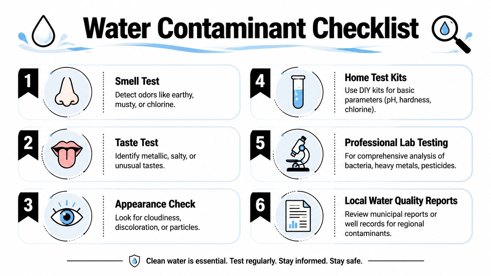 A six-step checklist infographic illustrating methods to detect potential water contaminants in home water supplies.
