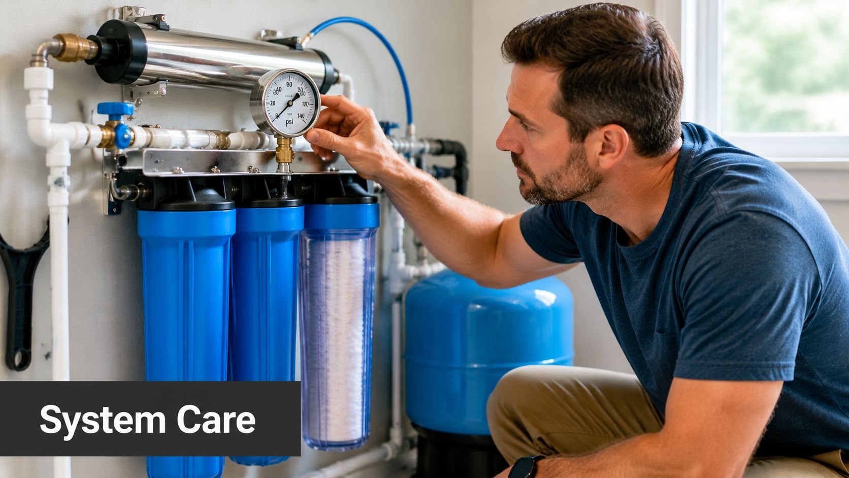 A professional man inspecting the pressure gauge of a residential home water filtration system maintenance.
