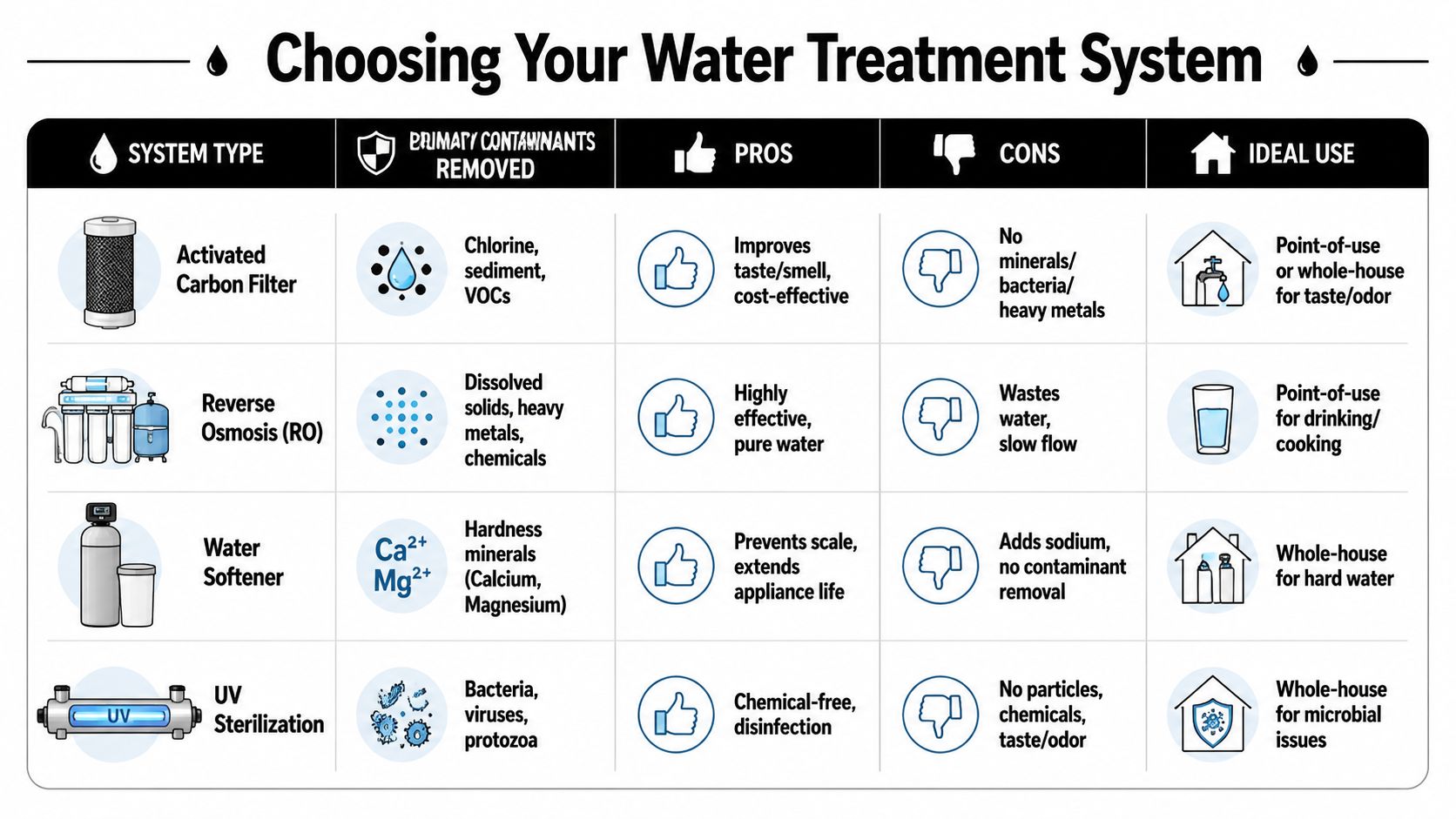 A comparison chart outlining different types of water treatment systems including their benefits, drawbacks, and ideal usage applications.