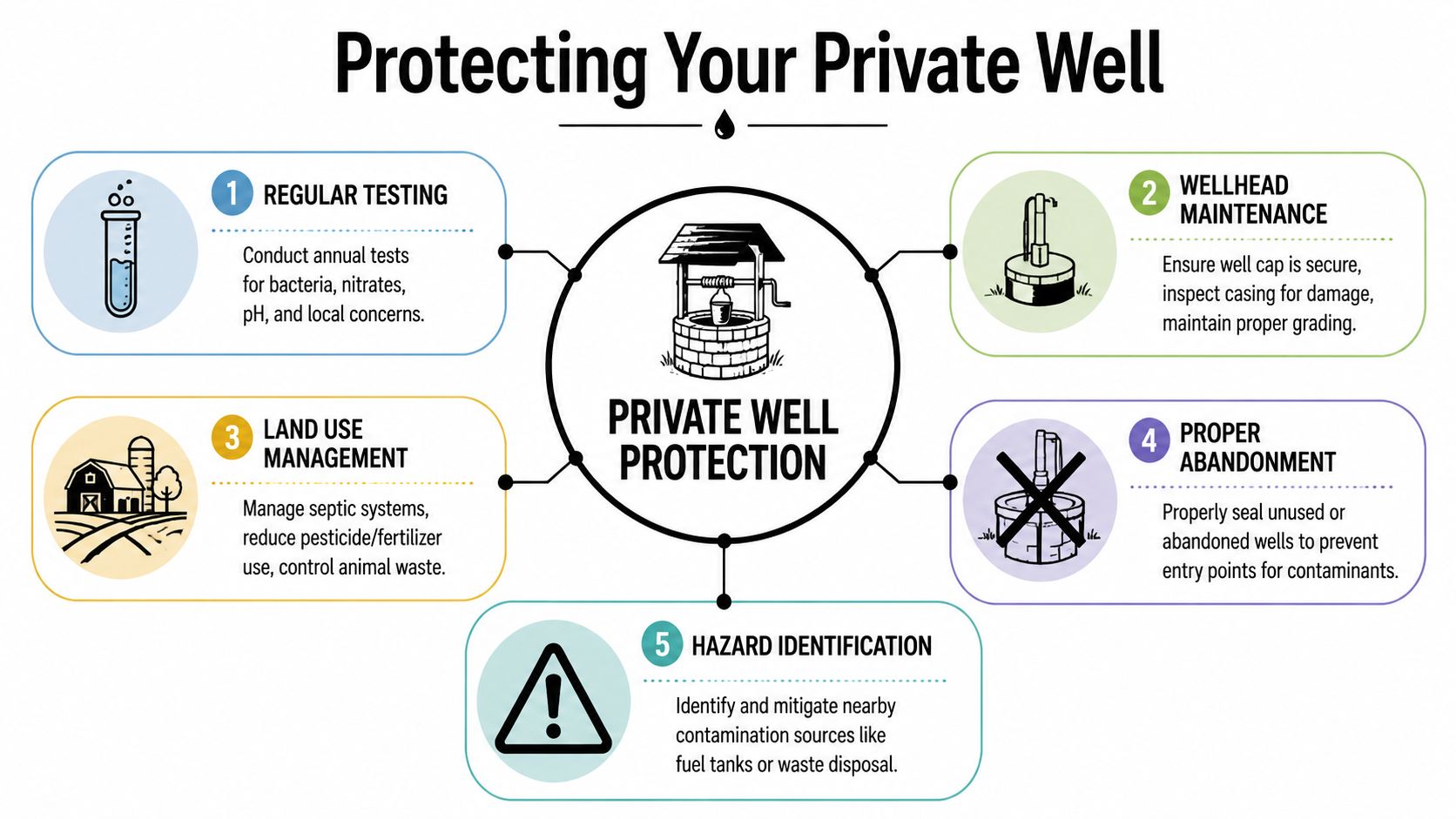 An infographic titled Protecting Your Private Well, illustrating five essential steps for maintaining a safe water well.