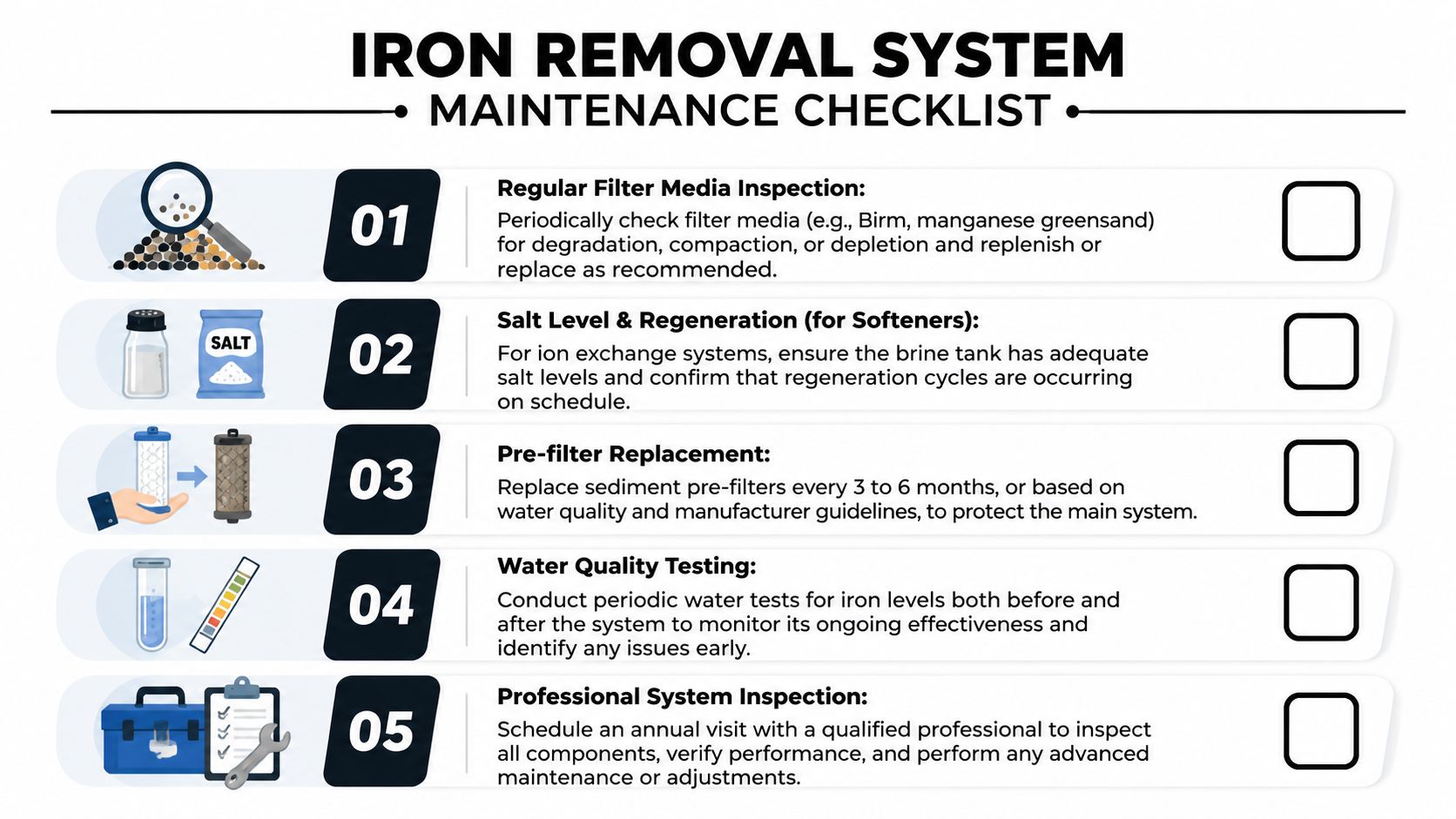 A five-step checklist for maintaining an iron removal water system, presented as a clear infographic graphic.